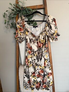 Vibe Cream Floral Puff-Sleeve Mini Dress with Tie Front
